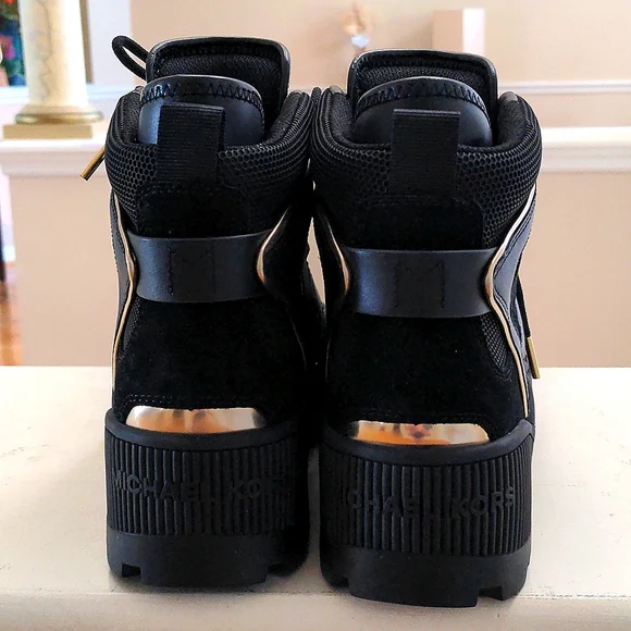 Michael Kors black and gold Brooke leather chunky bootie size